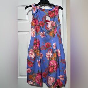Vince Camuto Blue Floral Sleeveless Midi Dress with Pink & Orange Flowers